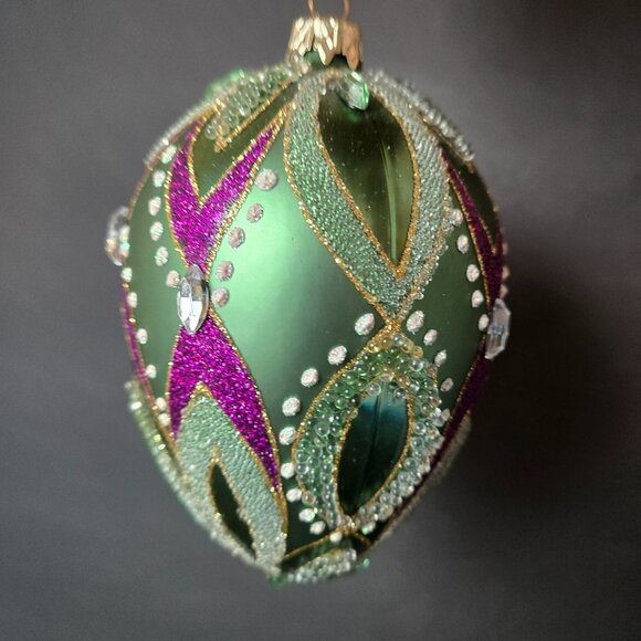 Jeweled Green Purple Glass Ornament Hand Decorated 5 Inch Luxury Christmas Decor - Picture 2 of 7